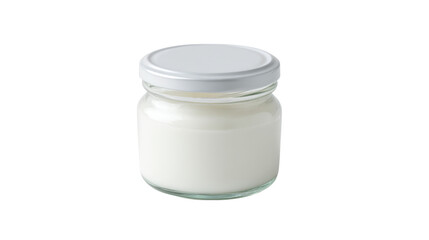 Small Glass Jar of White Yogurt on Transparent Background