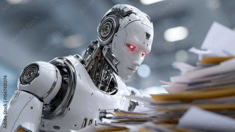 Poster a humanoid robot with glowing red eyes appears overwhelmed while looking at a large stack of paperwo