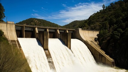 A large dam releases a powerful flow of water against a backdrop of forested hills and a partly cloudy sky.