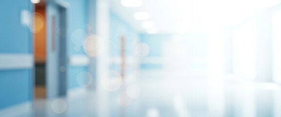 Blurred hospital corridor with blue walls and bright light at the end., a great fit for background imagery in fintech apps, technology ads, or elegant site headers