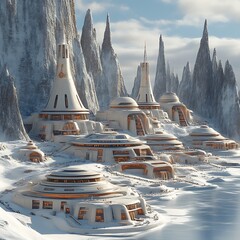 Snow-covered futuristic city nestled in a mountainous landscape.