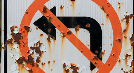 Worn Prohibiting Left Turns Urban Landscape Old Weathered Signage Deteriorating Conditions