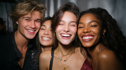 Obraz premium Friends enjoying a fun moment in a photobooth while laughing