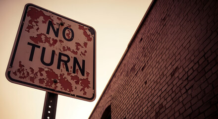 Worn Prohibition No Turn Sign Juxtaposed Against Weathered Brickwork Fa?ade