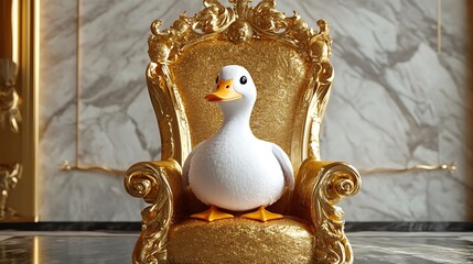 King duck sitting on a golden throne on marble background