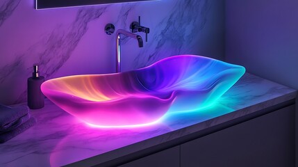 LED illuminated sink with shifting colors resembling a light show on marble background