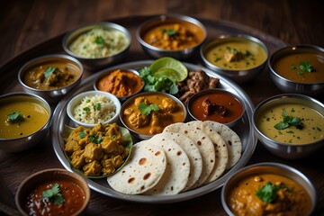 Authentic Indian Thali Meal with Assorted Curries and Rice