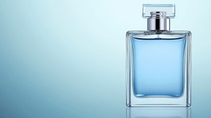 Minimalist crystal perfume bottle with light blue liquid and shiny silver cap reflects elegance and freshness in soft lighting