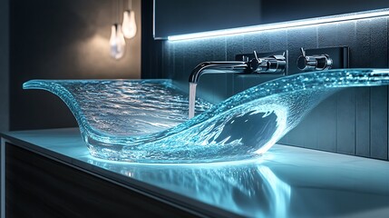 Luxurious bathroom sink with water shaped like flowing ribbons futuristic design on tile background