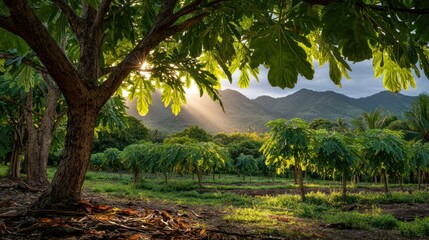 Fototapeta premium Lush orchard bathed in golden sunlight