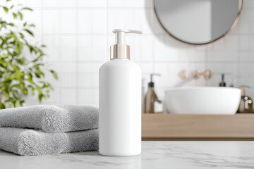 Fototapeta premium Lotion Bottle: A sleek white bottle of lotion stands elegantly on a marble countertop, its clean lines reflecting a commitment to simple elegance.