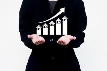 Real estate investment growth presentation with bar chart and house icons. Ideal for property...
