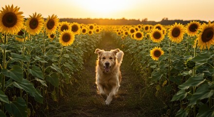 Joyful golden canine strides through tall blooming sunflowers at sunset