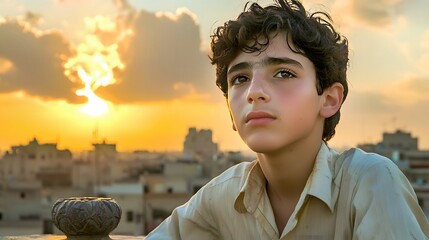 Thoughtful Middle Eastern boy gazing at sunset over cityscape.