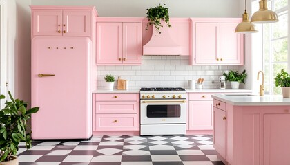 Charming Pink Kitchen with Retro Flair and Modern Touches, A Retro-Inspired Kitchen with a Pink Color Palette and Geometric Floor Tiles