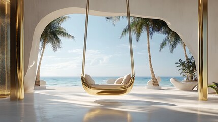 Luxurious gold swing in a futuristic mansion elegant decor on beach background