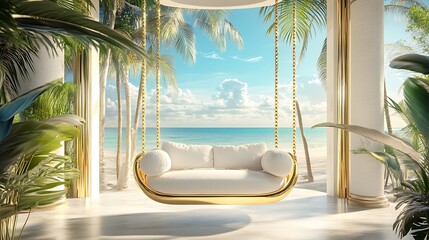 Luxurious gold swing in a futuristic mansion elegant decor on beach background