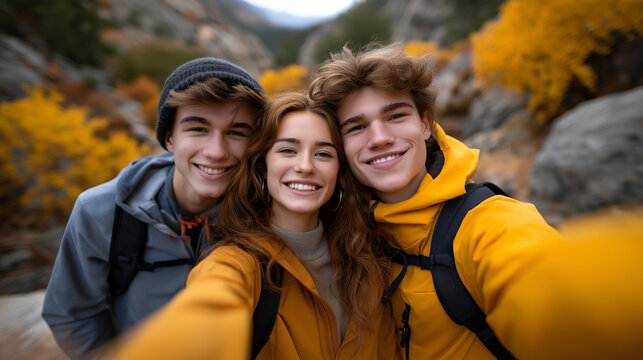 Friends hiking in autumn woods taking a selfie among golden leaves