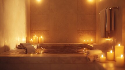 Luxurious marble bathtub surrounded by candles in a dimly lit spa soft golden light