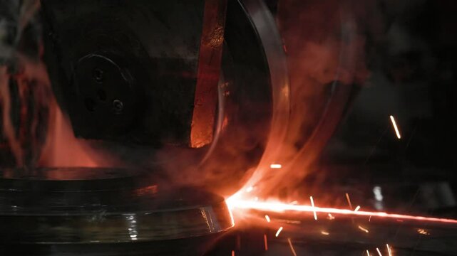 Production and welding of metal pipe at a modern plant. Automatic welding line