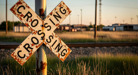Worn Railroad Crossing Sign Along Rural Train Track During Sunset Hour
