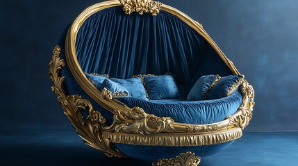 Luxurious royal baby bassinet with golden accents and velvet bedding on blue background