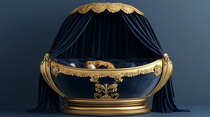 Luxurious royal baby bassinet with golden accents and velvet bedding on blue background