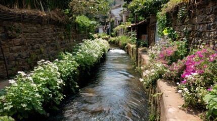 Obraz premium Canal lined with plants, village setting