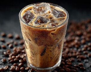 A glass of cold coffee with ice cubes and foam on a dark background with scattered fresh coffee beans for commercial advertising. Iced latte in a transparent cup, top view, close-up, isolated