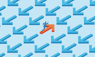 流れに逆らって進むビジネスマン