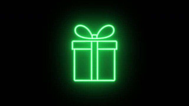 Neon gift icon, flickering emergence and fading. Glowing neon gift box icon, looped animation. Festive present, birthday gift, surprise, bonus prize, giveaway reward. Golden green orange colors