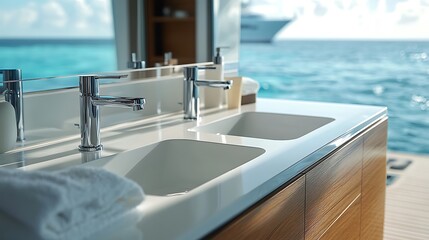 Luxury yacht bathroom sink sleek wood finish chrome faucets ocean views