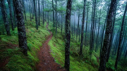 Obraz premium Misty pine forest trail