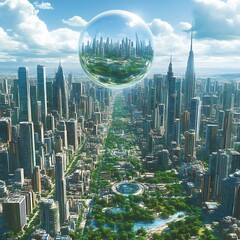 Futuristic city with a large sphere above.