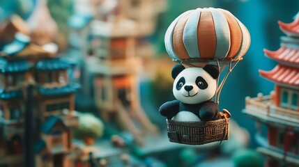 Mini stuffed panda in a hot air balloon made of fabric floating over a toy city