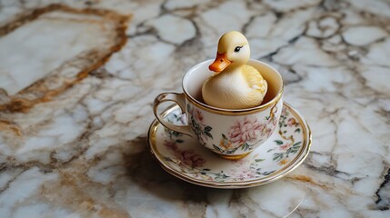 Miniature duck inside a teacup with floral patterns on marble floor
