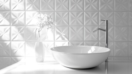 Minimalist all white bathroom sink clean lines geometric tiles pure aesthetic