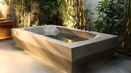 Minimalist concrete bathtub surrounded by bamboo plants light streaming in