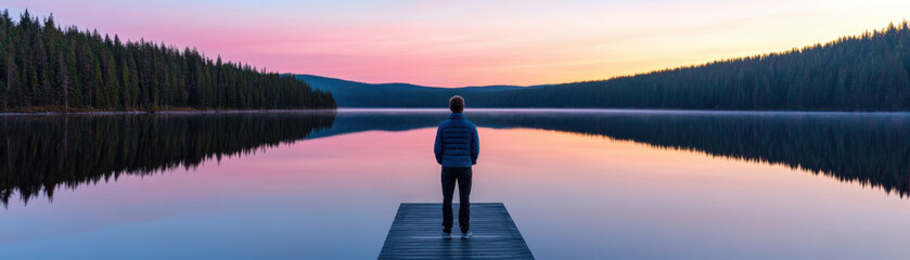 Fototapeta premium Person standing on wooden dock at sunset, surrounded by calm lake water and dense forest, creating peaceful and reflective mood