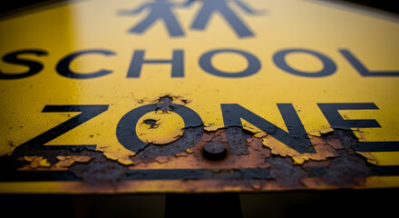 Worn School Zone Sign Illustrating Time Impact and Educational Infrastructure Condition