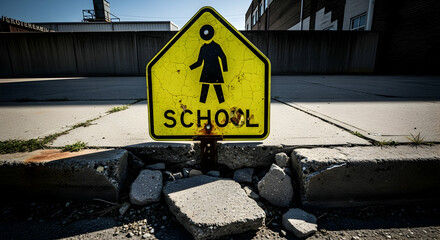 Worn School Crossing Sign With Concrete Damage Indicates Safety Concerns