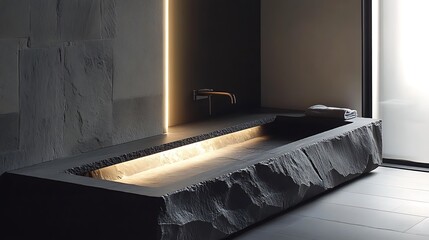 Minimalist floating sink rectangular slate basin illuminated by light