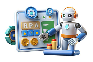 Cartoon robot interacts with a digital interface featuring settings, gears, and controls, symbolizing automation and technological innovation, transparent background