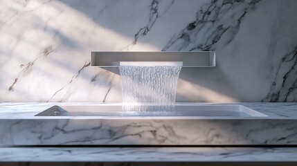 Minimalist split basin with water gently flowing between two levels on marble background