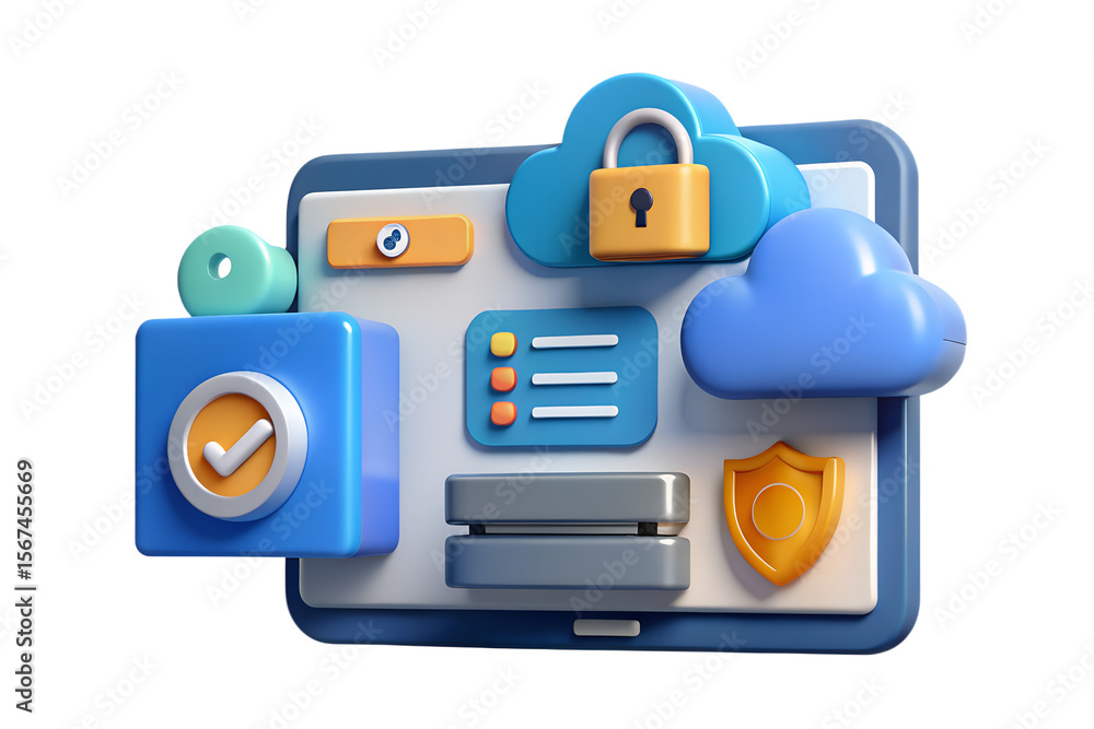Poster secure cloud data protection featuring a stylized interface with clouds, padlock and shield offering