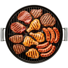 Top down view of barbecue grill with steaks chicken drumsticks and sausages cooking on the grill