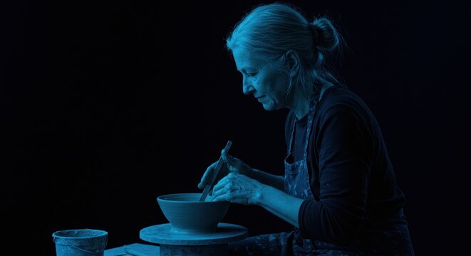 Skilled artisan shaping a clay vessel on a pottery wheel illuminated by deep blue light