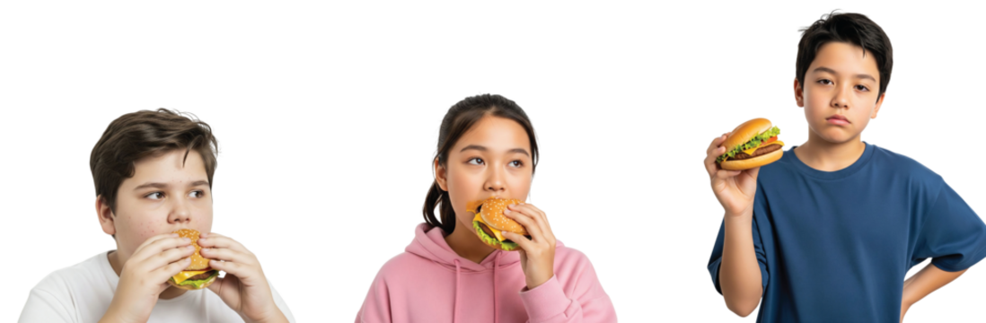 Asian preteen children in various stages of eating and holding hamburgers, capturing candid expressions related to fast food consumption and its impact on young people's dietary choices. - Powered by Adobe