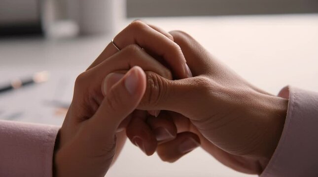  two hands linking pinky fingers together in a promise gesture over a clean desk surface. The scene conveys trust and commitment. No faces visible 4k ultra video real