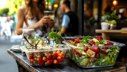 Fototapeta premium Fresh Salad in Clear Plastic Containers at an Outdoor Cafe
